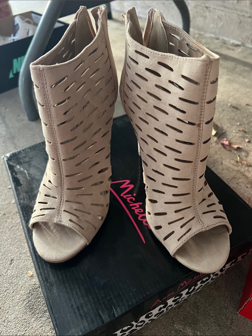 Michele Taupe Laser-Cut Open-Toe Heeled Booties
